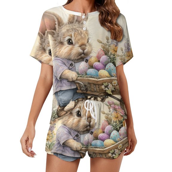 Easter Bunnies Rabbits Pajama Set for Women 2 Piece Sleepwear Loungewear Short Sleeve