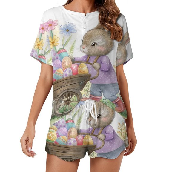 Easter Bunnies Rabbits Pajama Set for Women 2 Piece Sleepwear Loungewear Short Sleeve