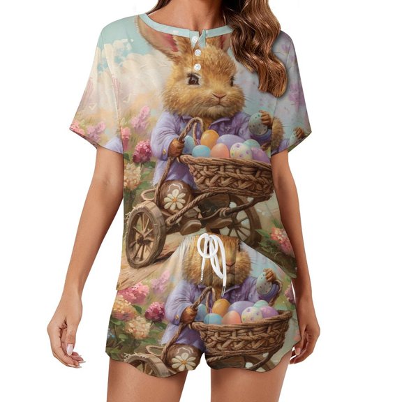 Easter Bunnies Rabbits Pajama Set for Women 2 Piece Sleepwear Loungewear Short Sleeve