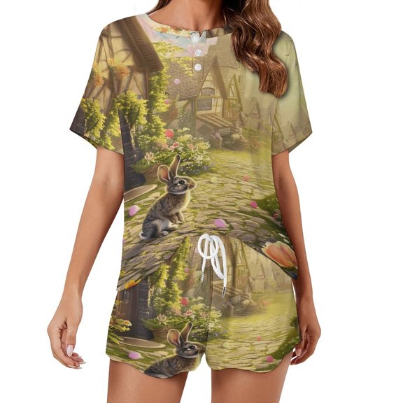 Easter Bunnies Rabbits Pajama Set for Women 2 Piece Sleepwear Loungewear Short Sleeve