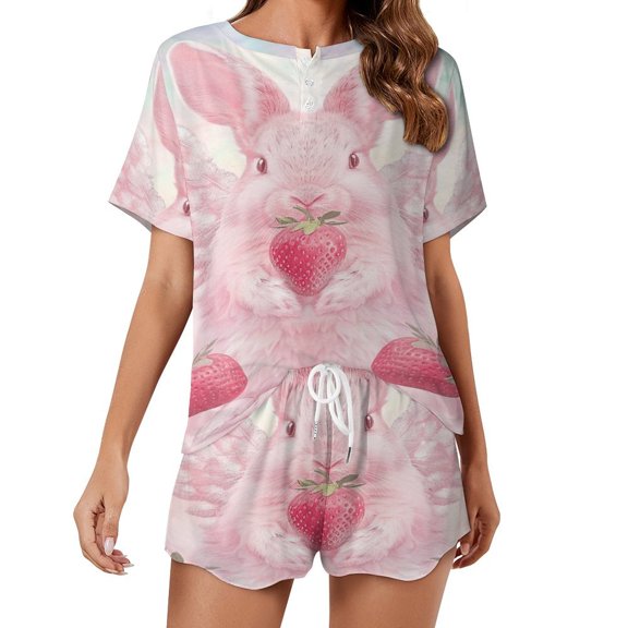 Easter Bunnies Rabbits Pajama Set for Women 2 Piece Sleepwear Loungewear Short Sleeve