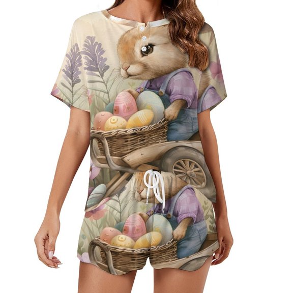 Easter Bunnies Rabbits Pajama Set for Women 2 Piece Sleepwear Loungewear Short Sleeve