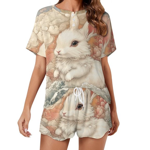 Easter Bunnies Rabbits Pajama Set for Women 2 Piece Sleepwear Loungewear Short Sleeve