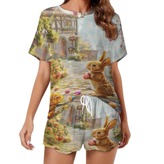 Easter Bunnies Rabbits Pajamas Set Womens Loungewear Sleepwear 2 Piece PJ Sets