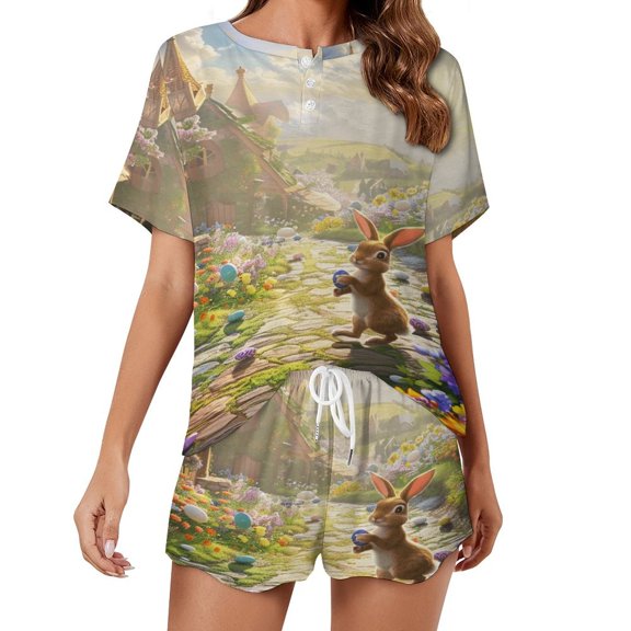 Easter Bunnies Rabbits Pajamas Set Womens Loungewear Sleepwear 2 Piece PJ Sets