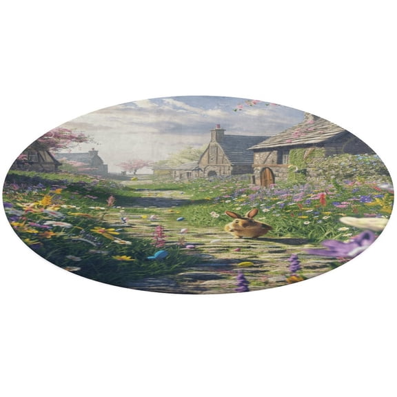 Easter Bunnies Rabbits Round Small Area Rug, Print Non Slip Washable Floor Mat, Soft Throw Rug for Living Room, Powder Room Entryway, Bathroom, Bedside