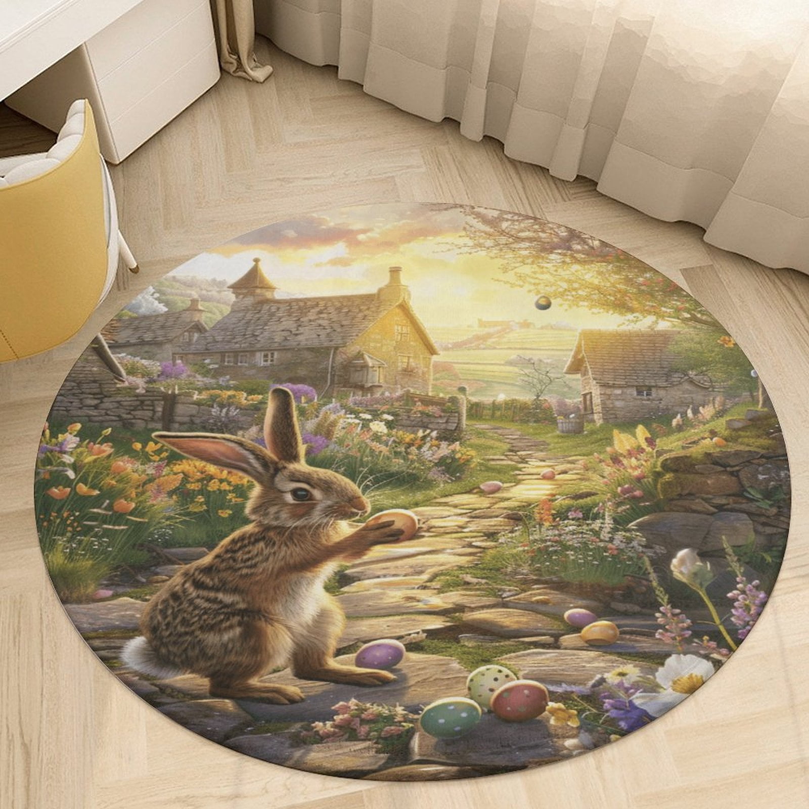 Round Easter Rug Easter Bunnies Rabbits Soft Bedroom Round Area Rug, Washable Cute ...
