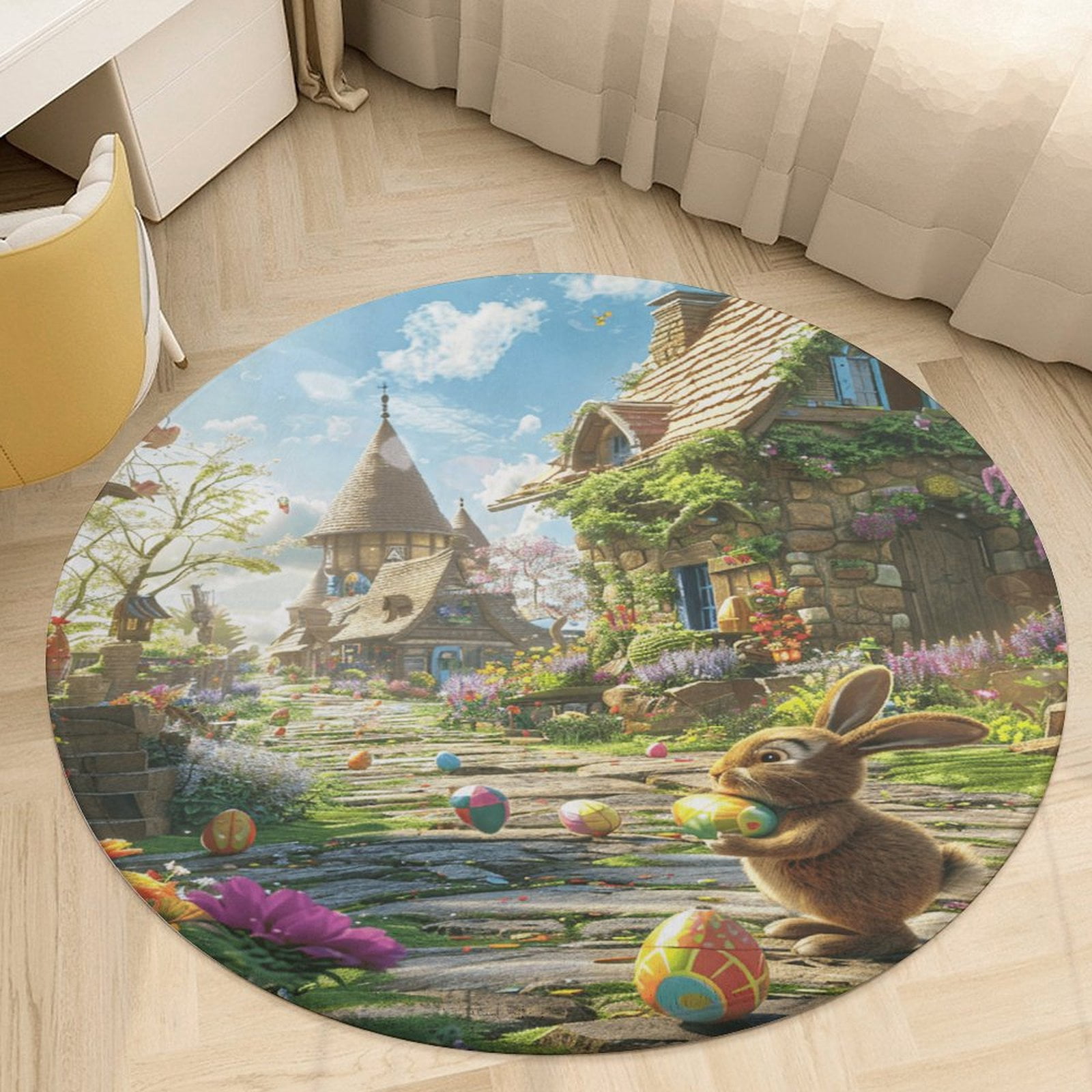 Round Easter Rug Easter Bunnies Rabbits Soft Bedroom Round Area Rug, Washable Cute ...