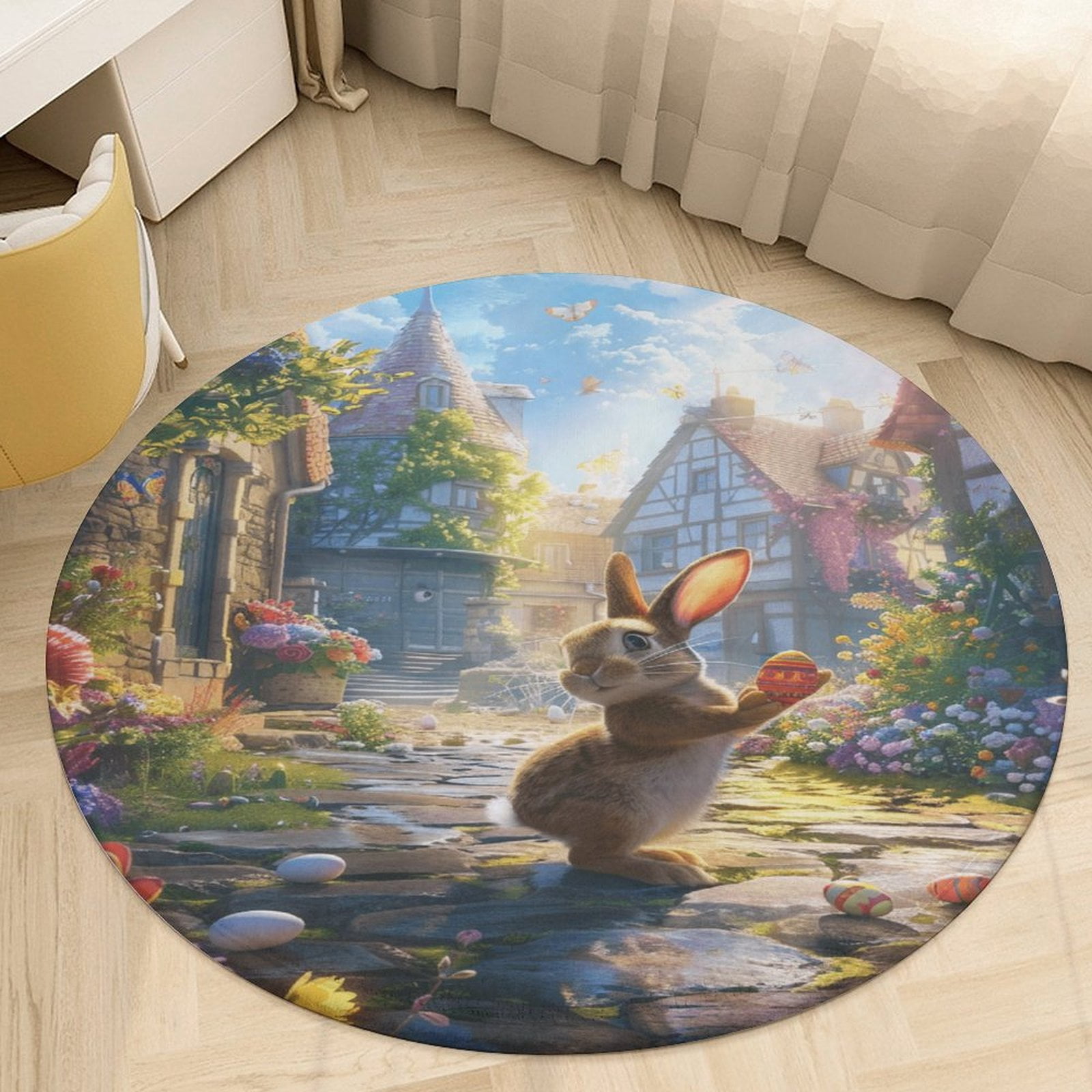 Easter Bunnies Rabbits Soft Bedroom Round Area Rug, Washable Cute ...