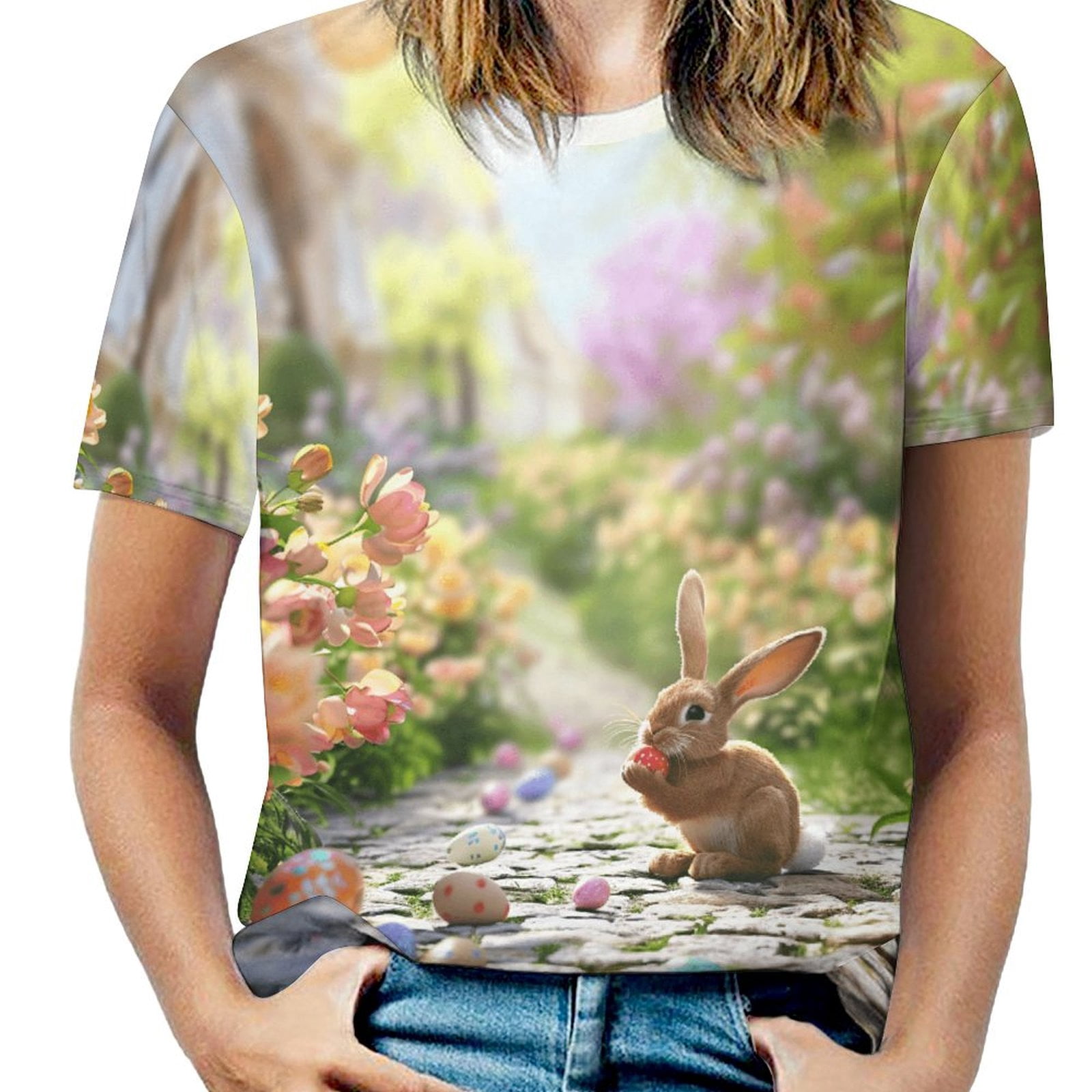 Easter Bunnies Rabbits T Shirts Basic T-Shirt Short Sleeve Ladies Tee ...