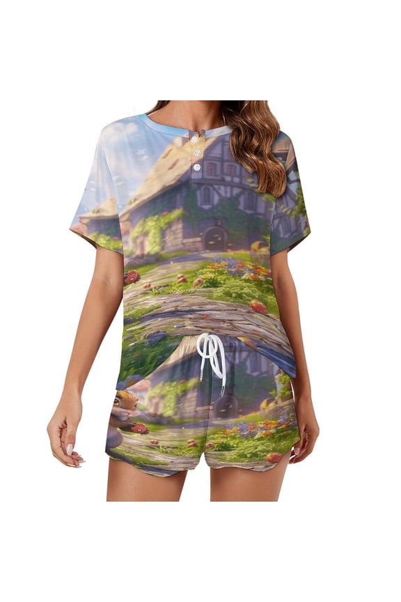 Easter Bunnies Rabbits Women's Ruffle Short Sleeve Tops And Shorts Cute Peeps Bunny Pajamas Sets