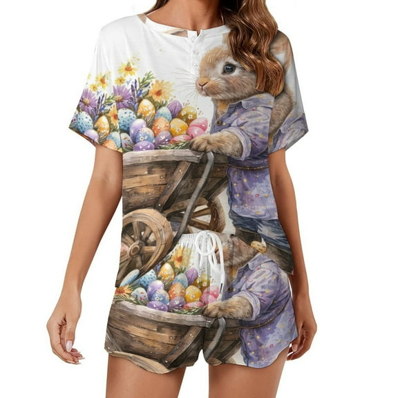 Easter Bunnies Rabbits Women's Ruffle Short Sleeve Tops And Shorts Cute Peeps Bunny Pajamas Sets