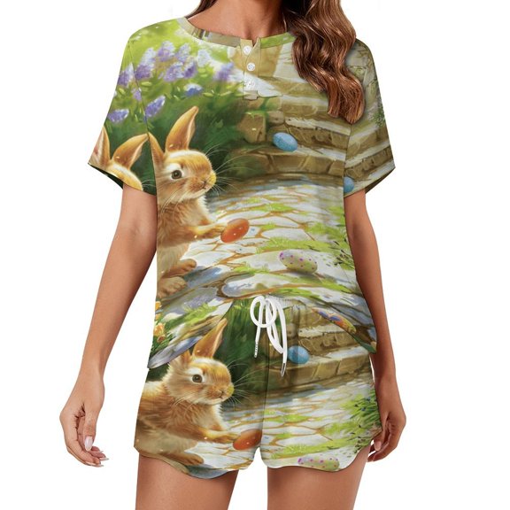 Easter Bunnies Rabbits Women's Ruffle Short Sleeve Tops And Shorts Cute Peeps Bunny Pajamas Sets
