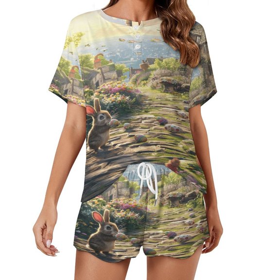 Easter Bunnies Rabbits Women's Ruffle Short Sleeve Tops And Shorts Cute Peeps Bunny Pajamas Sets