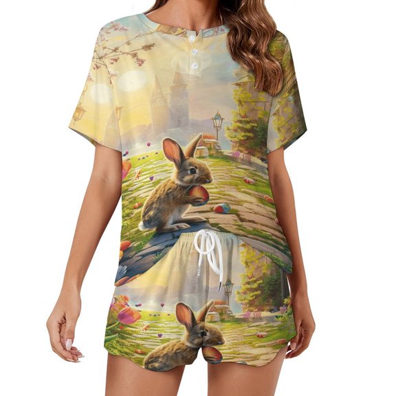 Easter Bunnies Rabbits Women's Ruffle Short Sleeve Tops And Shorts Cute Peeps Bunny Pajamas Sets