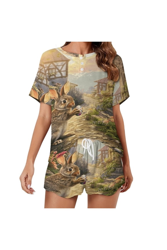 Easter Bunnies Rabbits Women's Ruffle Short Sleeve Tops And Shorts Cute Peeps Bunny Pajamas Sets