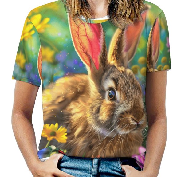Easter Bunnies Rabbits Women's Short Sleeve T-Shirt Crew Neck Casual Summer Trendy Loose Fit Tops