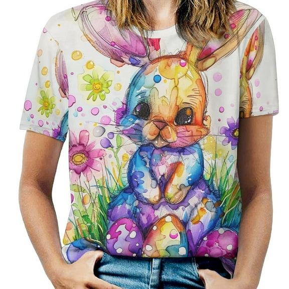 Easter Bunnies Rabbits Women's Short Sleeve T-Shirt Crew Neck Casual Summer Trendy Loose Fit Tops