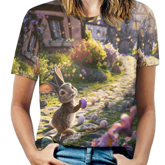 Easter Bunnies Rabbits Womens Tops Women's Fashion Casual Short Sleeve Flower Print Round Neck Pullover Top Blouse