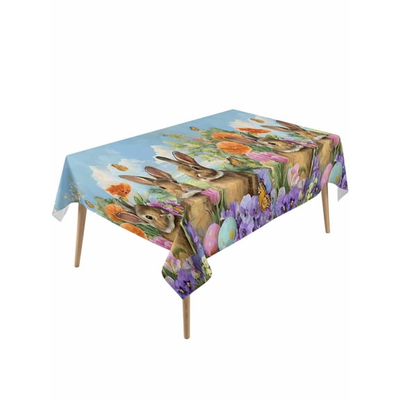 Easter Bunnies Rectangle Tablecloth, Spring Easter Eggs Garden Floral Waterproof & StainResistant Tablecloth, Washable Oil-proof Table Cover for Dining/Party/Wedding/Camping/Buffet 60x120 In
