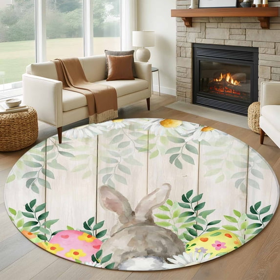 Easter Bunnies Round Rug 8ft Washable Circle Rugs Non Slip Spring Eucalyptus Easter Eggs Gray Wooden Large Area Rug Indoor Floor Carpet for Bedroom Kitchen Living Room Home Office Dining Room Nursery