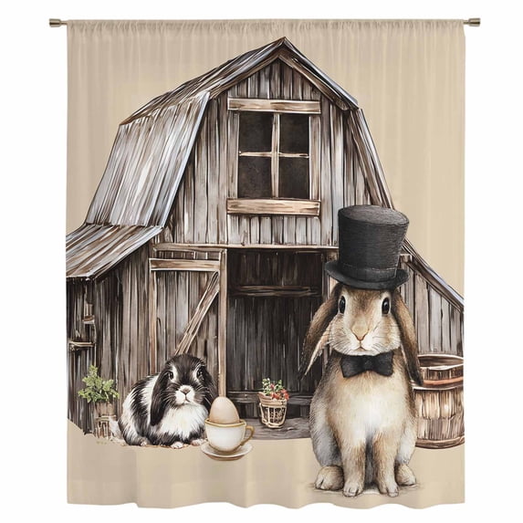 Easter Bunnies Sheer Curtains 63 Inches Long, Vintage Farmhouse Rabbits Countryside Light Filering Curtains, Breathable Simi Curtain Privacy Drapes for Living Room Bedroom Window Treatment