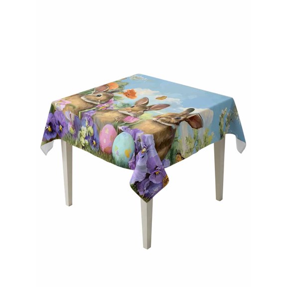 Easter Bunnies Suqare Tablecloth - 54 x 54 Inch, Spring Easter Eggs Garden Floral Waterproof & StainResistant Tablecloth, Washable Oil-proof Table Cover for Dining/Party/Wedding/Camping/Buffet