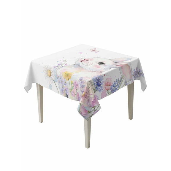 Easter Bunnies Suqare Tablecloth - 54 x 54 Inch, Spring Rabbits Floral Butterflies Farmhouse Waterproof & StainResistant Tablecloth, Washable Oil-proof Table Cover for Dining/Party/Wedding/Buffet