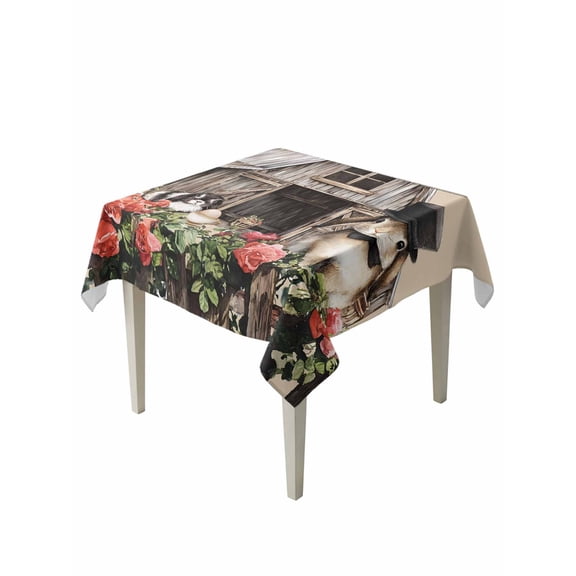 Easter Bunnies Table Cloth, Waterproof Tablecloth for Square Tables, Brown Vintage Farmhouse Rabbits Floral Reusable Washable Fabric Table Cover for Restaurant Kitchen Dining Tables 54"x54"