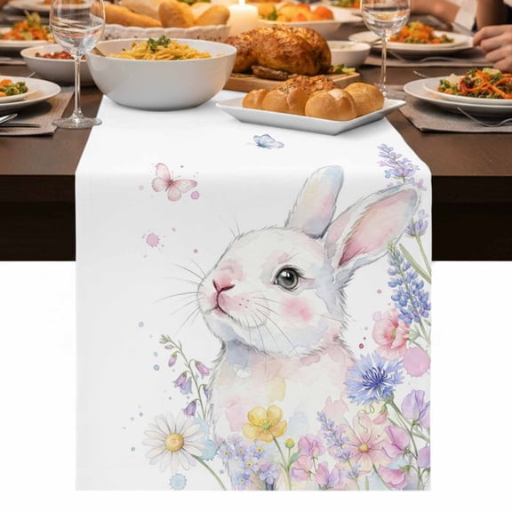 Easter Bunnies Table Runner 60 Inch Long Dresser Scarves Linen Tablerunners Spring Rabbits Floral Butterflies Farmhouse Dining Kitchen Burlap Table Setting Decor for Party Holiday Coffee, 13"x60"