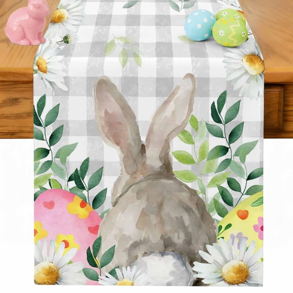 Easter Bunnies Table Runner 72 Inches Long for Kitchen Dining, Spring Eucalyptus Easter Eggs Gray Plaid Dresser Scarf Farmhouse, Dining Table Decorations for Wedding/Parties, 14 x 72 In