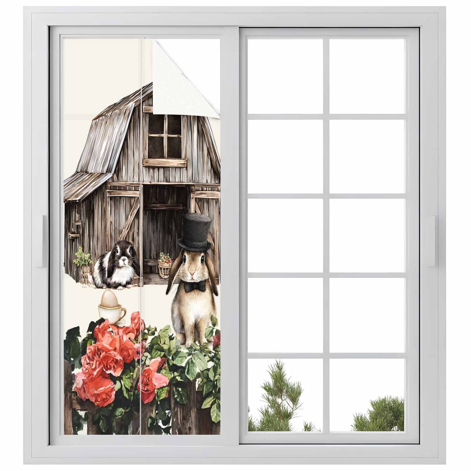 Window Ledge For Rabbits Easter Bunnies Window Privacy Film, Beige Vintage Farmhouse Rabbits ...