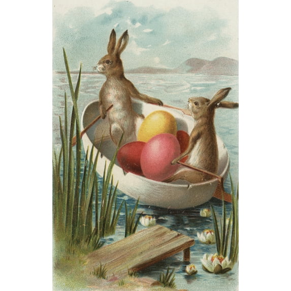 Easter, Bunnies in a Boat with Colored Eggs, Vintage Holiday Art (12x18 Wall Art Poster, Room Decor)
