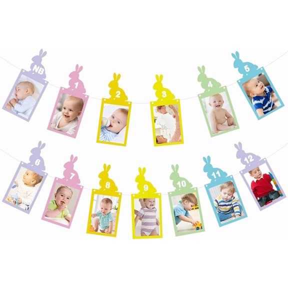 Easter Bunny 1st Birthday Photo Banner Gliter Photo Banner for to 12 Months Milestone Photograph Bunting Garland for Girls Spring Easter Themed Party Decorations