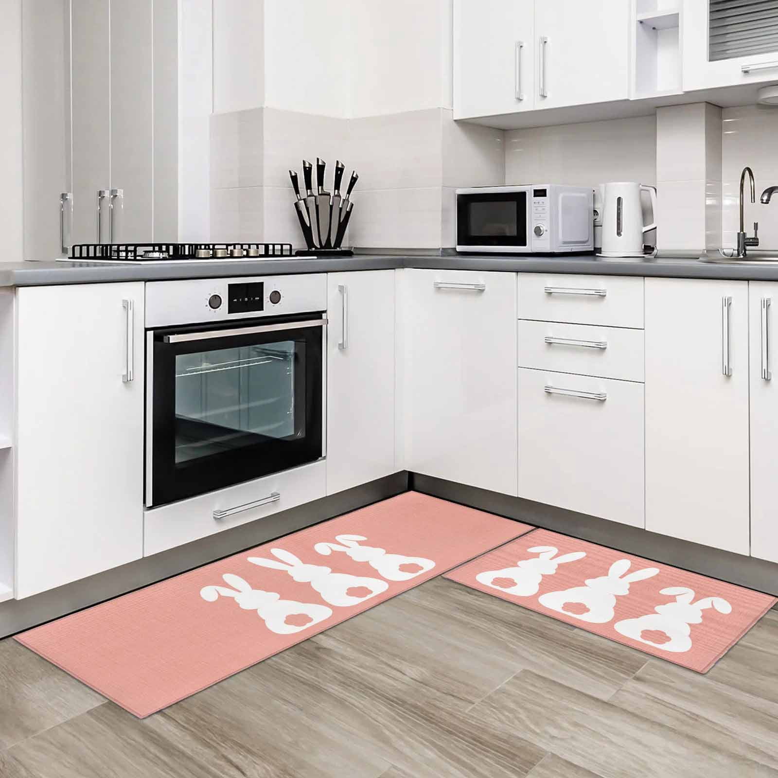 Pink Rabbit Mat Easter Bunny 2 Pieces Non-Slip Kitchen Mat Set Cute Rabbit Family ...