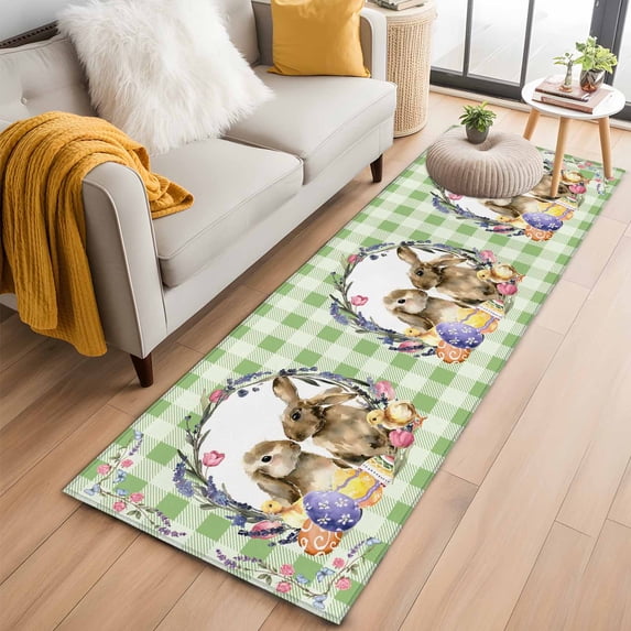 Easter Bunny 2'x6' Runner Rugs for Hallway Kitchen Bedside Non Slip, Spring Easter Eggs Chick Floral Sage Green Check Entryway Rug Runners with Rubber Backing, Long Carpet Runner for Laundry Room