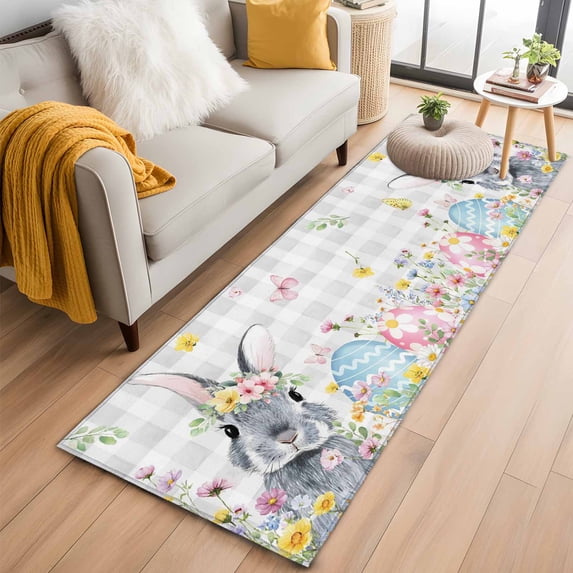 Easter Bunny 2'x6' Runner Rugs for Hallway Kitchen Bedside Non Slip Washable, Blue Easter Eggs Spring Floral Grey Plaid Entryway Rug Runners with Rubber Backing, Long Carpet Runner for Laundry Room