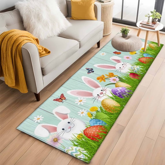 Easter Bunny 2'x6' Runner Rugs for Hallway Kitchen Bedside Non Slip Washable, Spring Cute Eggs Farmhouse Wooden Grain Entryway Rug Runners with Rubber Backing, Long Carpet Runner for Laundry Room