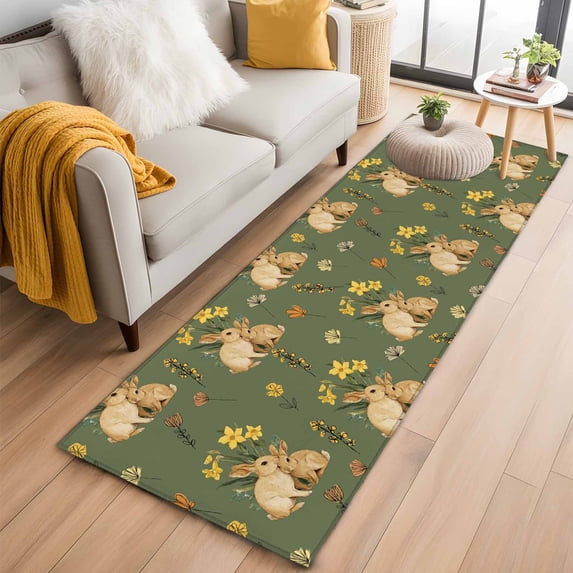 Easter Bunny 2'x6' Runner Rugs for Hallway Kitchen Bedside Non Slip Washable, Spring Yellow Flowers Country Plants Green Entryway Rug Runners with Rubber Backing, Long Carpet Runner for Laundry Room