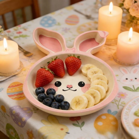 Easter Bunny 3-Compartment Kids Feeding Plate, Cute Long Ear Ceramic Toddler Plate, Baby Solid Food Snack Tray for Weaning Everyday Meals