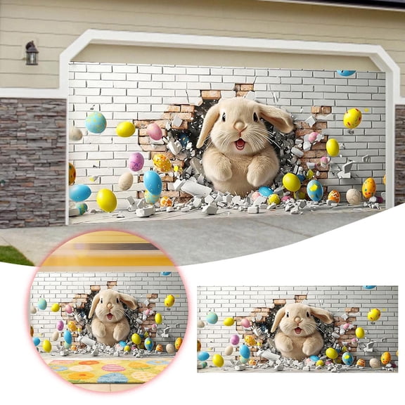 Easter Bunny 3D Breakthrough Garage Door Banner Large Easter Egg Rabbit Garage Door Cover Easter Photography Backdrop for Easter Party Outdoor Home Decor Use 7x16Ft