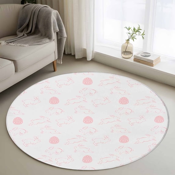 Easter Bunny 3ft Area Rug, Pink Eggs Cute Rabbits Cartoon Washable Non-Slip Small Round Rugs for Entryway Bedroom Kitchen, Soft Circle Carpet for Dining Room, Playroom Nursery Rug