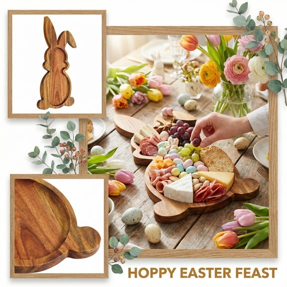 Easter Bunny Acacia Wood Serving Tray, 13.78 x 7.87 Inch Rustic Wooden Rabbit Shaped Platter, Decorative Food Tray for Easter Party, Dessert & Home Decor
