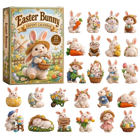 Easter Bunny Advent Calendar 2026, 24 Acrylic Cute Rabbit Ornament Set, The Vintage Pastel Spring Meadow Countdown Surprise Box, 24 Piece Set