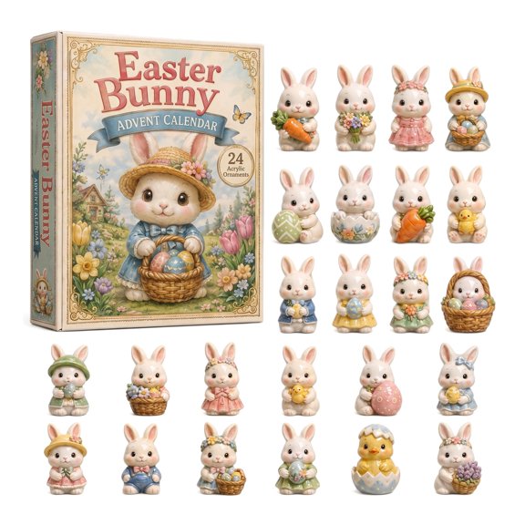 Easter Bunny Advent Calendar,24 Pieces Easter Bunny Acrylic Ornaments, Xmas Countdown Surprise Box, Holiday Gift for Bunny Lovers Kids Teens Adults