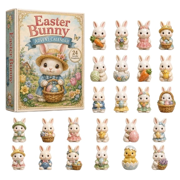 Easter Bunny Advent Calendar, 24 Pieces Easter Bunny Acrylic Ornaments, Xmas Countdown Surprise Box, Holiday Gift for Bunny Lovers Kids Teens Adults
