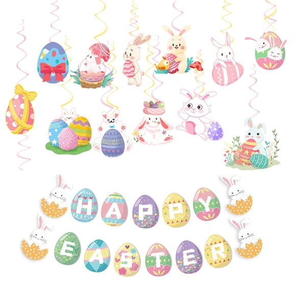Easter Bunny And Egg Spiral Hanging Set Festive Honeycomb Balloons And Banner Kit For Easter Party Decorations