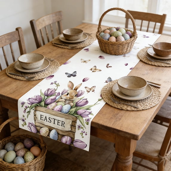 Easter Bunny And Egg Tablecloth And Table Runner Set - For Dining Room Living Room Indoor Outdoor Use, Holiday Gift