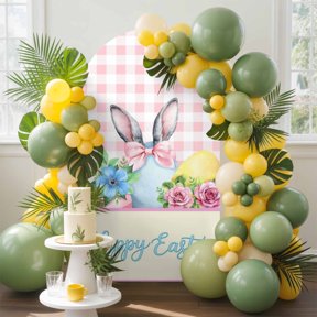 Easter Bunny Arch Backdrop Cover, 4FT, Colorful Eggs Pink Rose Flower Bow Rabbit Ear Pink Plaid Spandex Arch Covers Double-Sided Backdrop for Wedding Birthday Party Photo Background Decoration