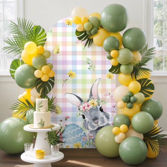 Easter Bunny Arch Backdrop Cover, 4FT, Gray Rabbits Colorful Eggs Flower Butterfly Pink Plaid Spandex Arch Covers Double-Sided Backdrop for Wedding Birthday Party Photo Background Decoration
